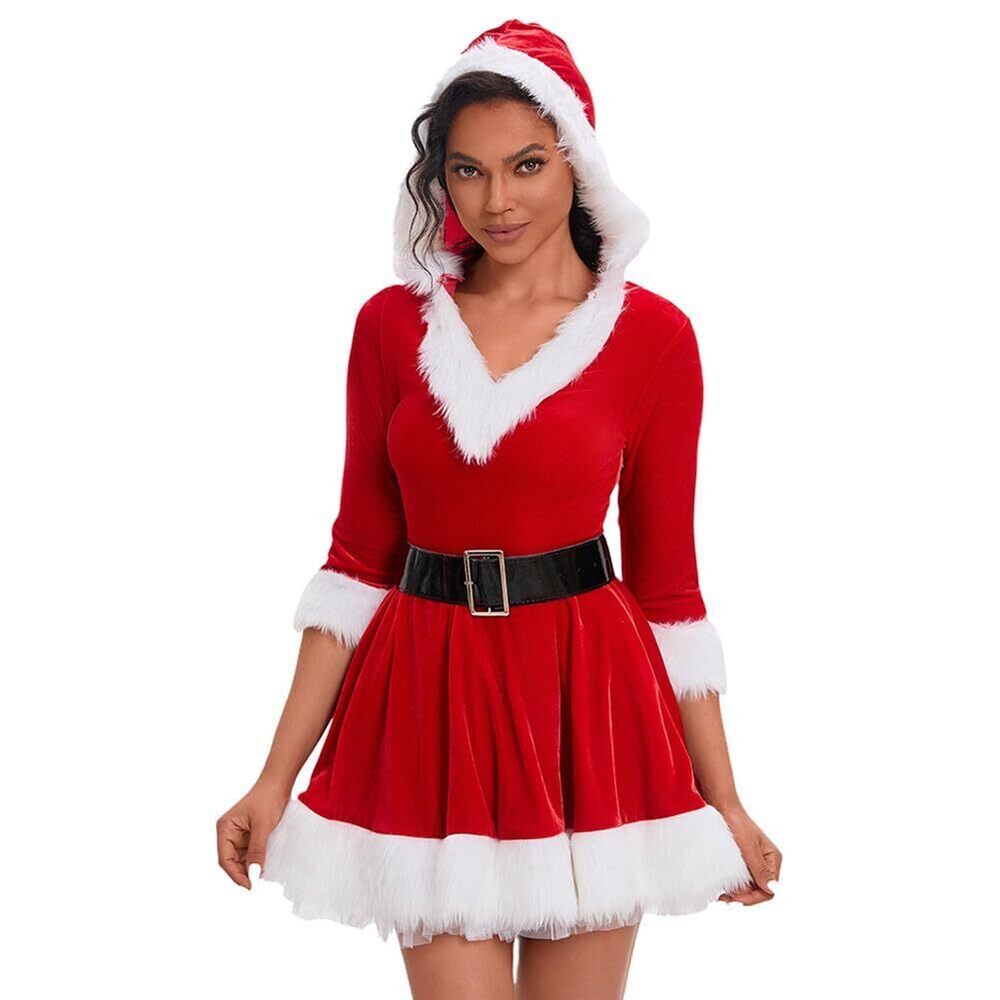 1163 Mrs. Claus Santa Costume V-Neck Adult Costume Outfit Cosplay Dress